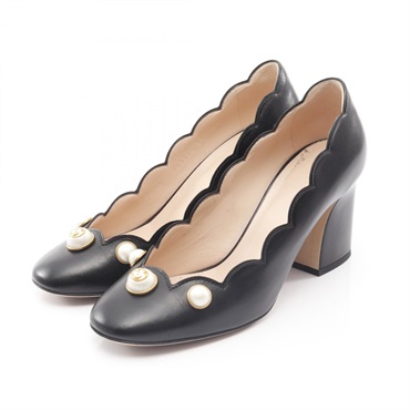 GUCCI Double G pumps shoes heels #35 565856 leather Black Used artificial pearls