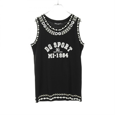DOLCE & GABBANA Logo Pearl Bijou Tank top sleeveless cotton Black Used Women #40
