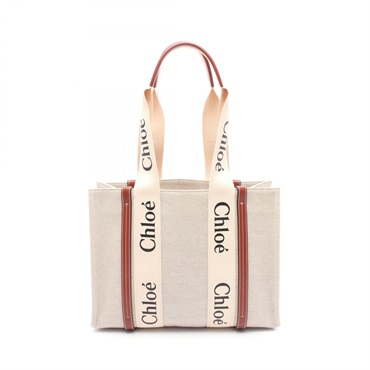 Chloe WOODY Medium Tote shoulder hand Bag canvas leather natural Brown Used