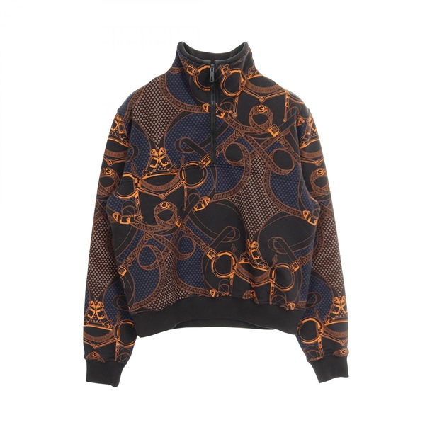 HERMES Eperon d'or Bandana Jersey Pullover cotton Navy Black Orange #36 Women