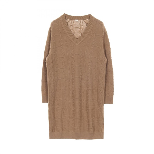 HERMES Chaine dAncre Dress #38 v-neck tunic wool cashmere Khaki Used Women
