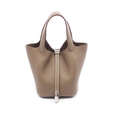 HERMES Picotin Lock PM bucket Tote Handbag Clemence leather Etoupe Grey SHW K