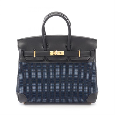 HERMES Birkin 25 Handbag W Swift leather Toile Quadrille Black Blue Used GHW