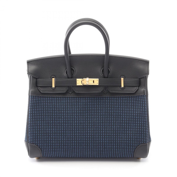 HERMES Birkin 25 Handbag W Swift leather Toile Quadrille Black Blue Used GHW