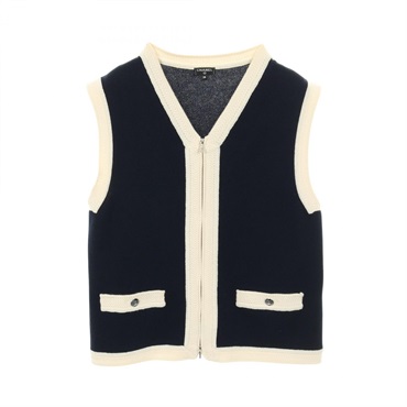 CHANEL COCO Mark knitwear Vest sleeveless #38 cashmere Navy White Used Women