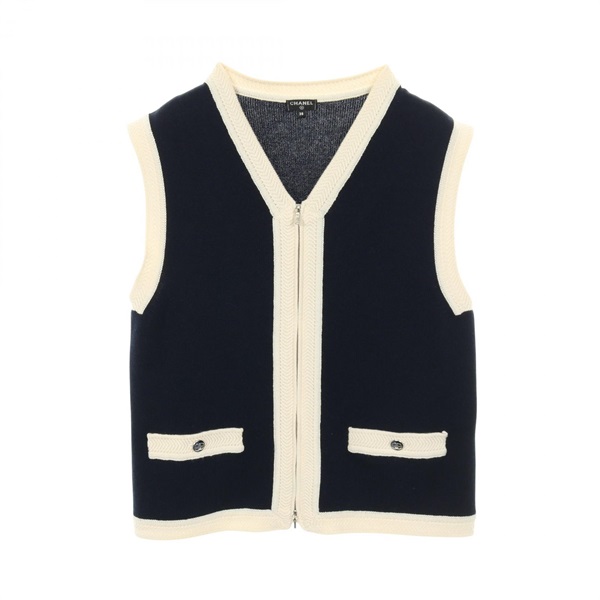 CHANEL COCO Mark knitwear Vest sleeveless #38 cashmere Navy White Used Women