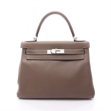 HERMES Kelly 28 Handbag C inside stitched Taurillon Clemence Etoupe Grey SHW