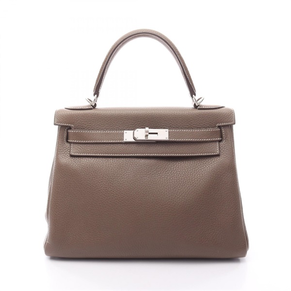 HERMES Kelly 28 Handbag C inside stitched Taurillon Clemence Etoupe Grey SHW