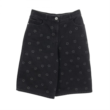CHANEL Camellia COCO Mark Denim half pants #36 cotton Black Used Women CC