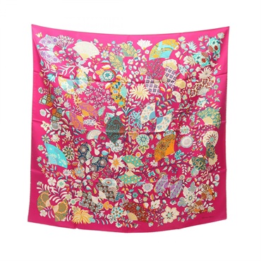 HERMES Carre 90 Fleurs et papillons de tissus Scarf echarpe wrrap silk Pink used