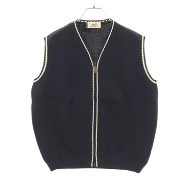 HERMES Zip-up knitwear Vest sleeveless tops size S wool Navy Used Women