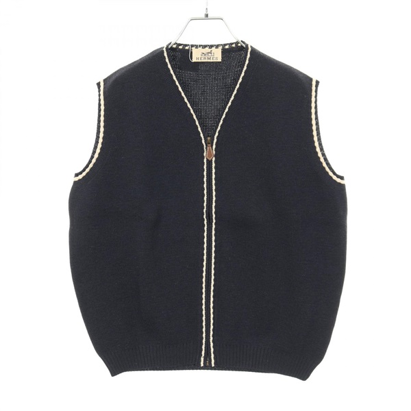 HERMES Zip-up knitwear Vest sleeveless tops size S wool Navy Used Women