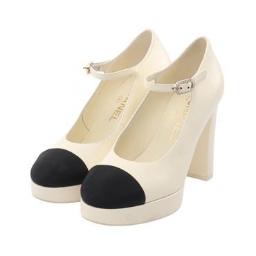 CHANEL COCO Mark heel pumps shoes #35 leather Fabric Rhinestones White BK Used