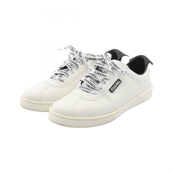 CHANEL COCO Mark sneakers shoes #39 leather White Black Used Women CC