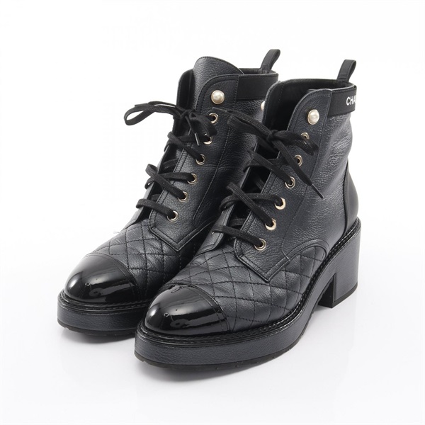 CHANEL Short Boots #38 1/2 G38514Y5558494305 leather Patent Artificial pearl CC