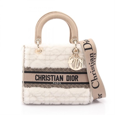 Dior LADY D-LITE Medium Shoulder Handbag canvas Shearing White Beige Used Women