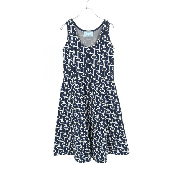 PRADA Dress P38N2 polyester Navy White #44S Used Women