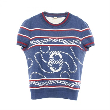 HERMES Canoe Chaine dAncre knitwear sweater #40 short sleeves silk cashmere blue