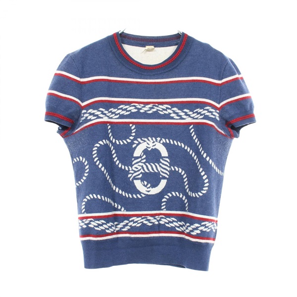 HERMES Canoe Chaine dAncre knitwear sweater #40 short sleeves silk cashmere blue