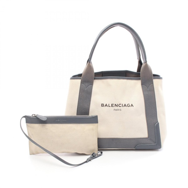 BALENCIAGA NAVY CABAS S shoulder Tote Bag 339933 canvas leather Beige Gray Used
