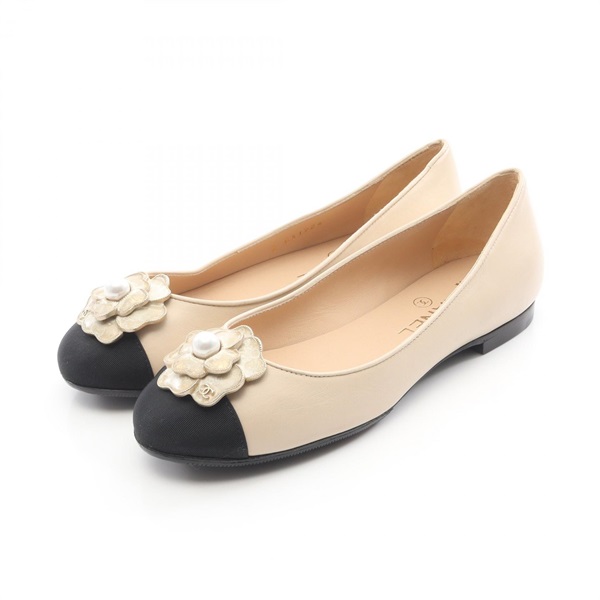 CHANEL Camellia COCO Mark pumps shoes #36 1/2 leather Fabric Beige Black Used CC