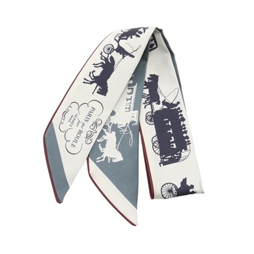 HERMES Twilly de toujours PARIS qui ROULE Scarf echarpe silk leather White Gray