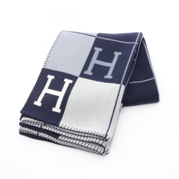 HERMES Plaid Avalon 3 wrap blanket wool cashmere Navy Blue Ecru Used