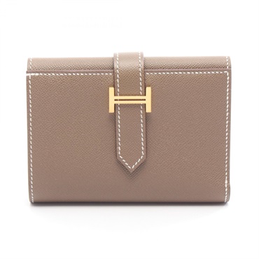 HERMES Bearn combine Tri-fold wallet purse K Madame leather Etoupe Grey Used GHW