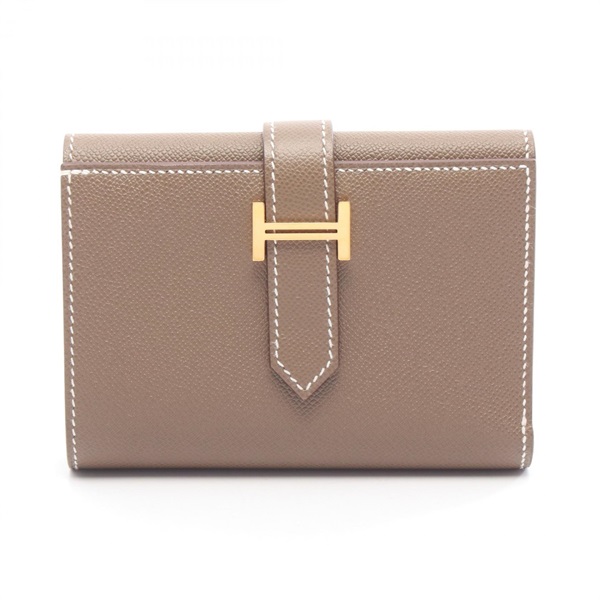 HERMES Bearn combine Tri-fold wallet purse K Madame leather Etoupe Grey Used GHW