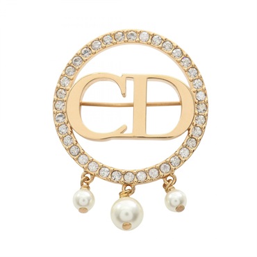 Christian Dior CD logo Brooch pin Gold Plated Rhinestone Artificial pearl Women