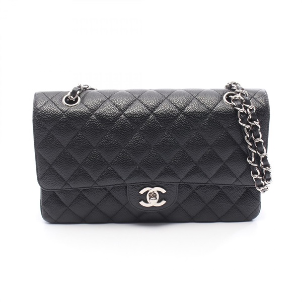 CHANEL Matelasse W flap chain Shoulder Bag calfskin leather Black Used SHW