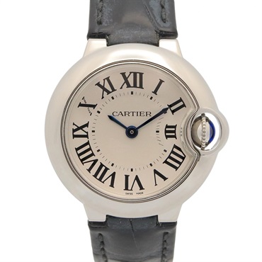 CARTIER Baron blue Wrist Watch W69018Z4 Quartz SS leather Used Women