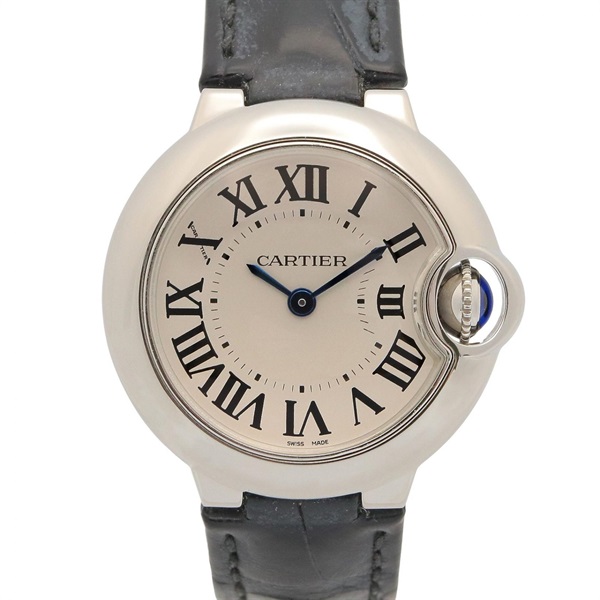 CARTIER Baron blue Wrist Watch W69018Z4 Quartz SS leather Used Women