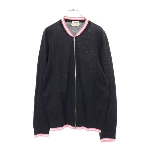 HERMES Zip up cardigan Jacket cotton Navy Pink White Used Women size L