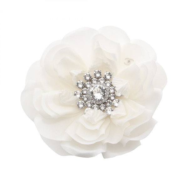 CHANEL Camellia COCO Mark Brooch pin Fabric rhinestones Used Women