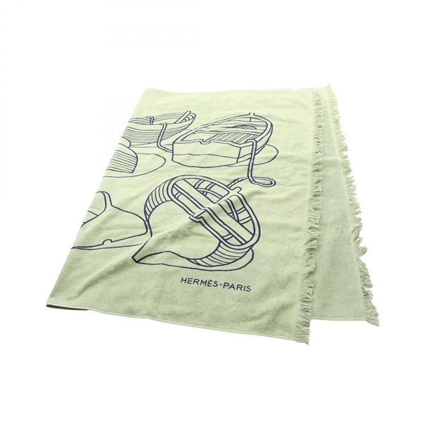 HERMES Yachting Thalassa Large Bath Towel cotton Green Navy Used Women