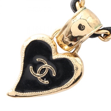 CHANEL COCO Mark Heart Necklace Pendant 40-49cm Gold Plated Black Used Women CC