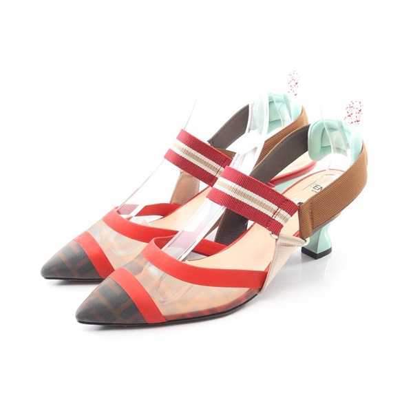 FENDI Colibri pumps Sandals Mules Fabric Red Brown Multicolor #37.5 Used Women