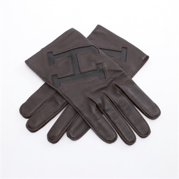 HERMES H Stamp Gloves #8.5 Lamb leather Brown Black Used