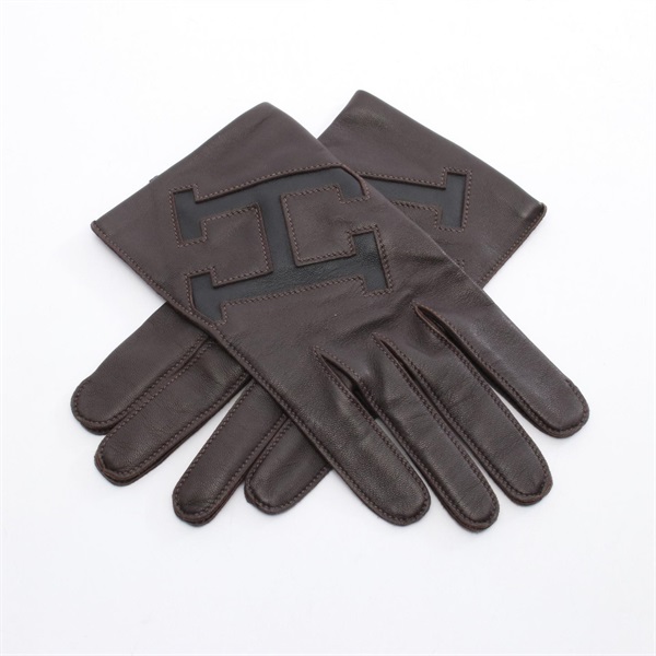 HERMES H Stamp Gloves #8.5 Lamb leather Brown Black Used