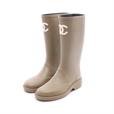 CHANEL COCO Mark Rain Boots Shoes rubber Khaki Used Women size 35