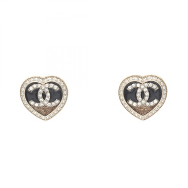 CHANEL COCO Mark Heart Pierced earrings Gold Plated Rhinestone Black Used women