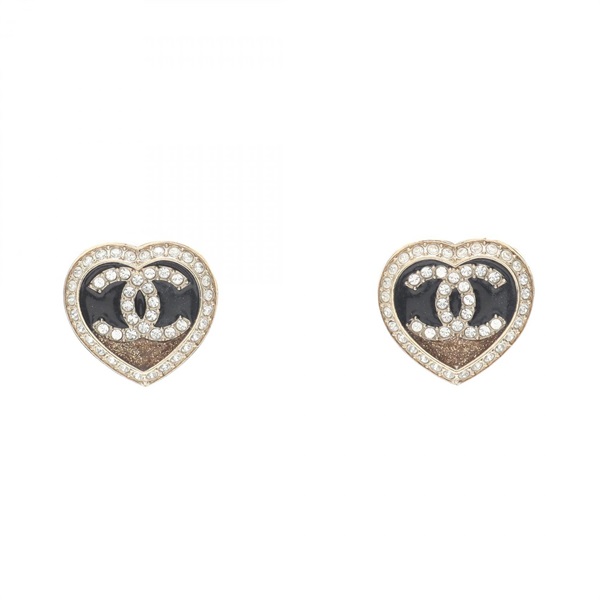 CHANEL COCO Mark Heart Pierced earrings Gold Plated Rhinestone Black Used women
