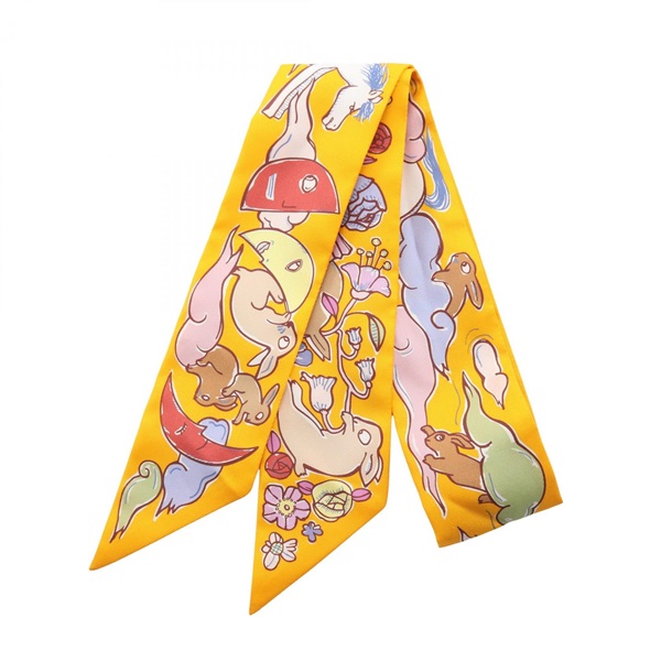 HERMES Twilly MILLE ET UN LAPINS Scarf foulard silk soie Yellow Multicolor Used