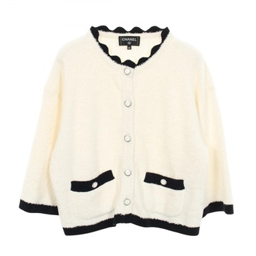 CHANEL COCO Mark button cardigan knitwear silk White Navy Used Women size 34