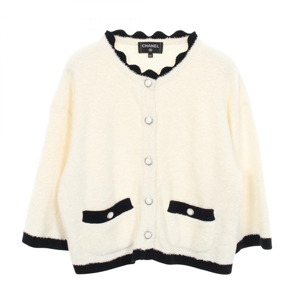 CHANEL COCO Mark button cardigan knitwear silk White Navy Used Women size 34