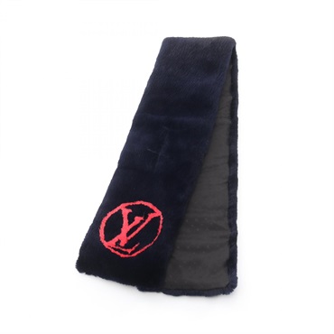 LOUIS VUITTON Echarpe LV Stamp Scarf stole wrap M730241 fur Navy Pink Used Women