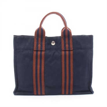 HERMES Fourre-tout PM Tote hand Bag canvas Navy Brown Used SHW Women
