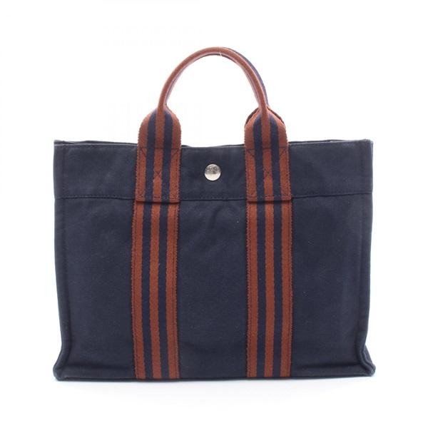 HERMES Fourre-tout PM Tote hand Bag canvas Navy Brown Used SHW Women