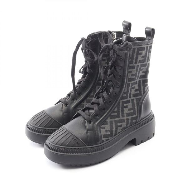 FENDI Domino Combat Boots Shoes canvas leather Black Used Women size 38